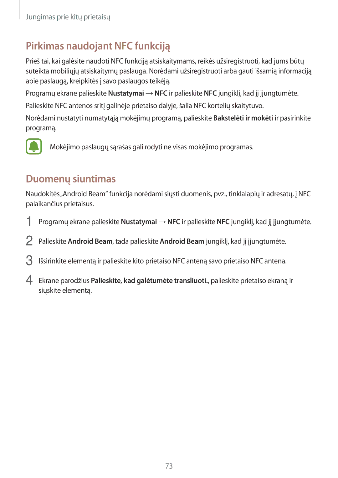 Samsung SM-G388FDSASEB manual Pirkimas naudojant NFC funkciją, Duomenų siuntimas 