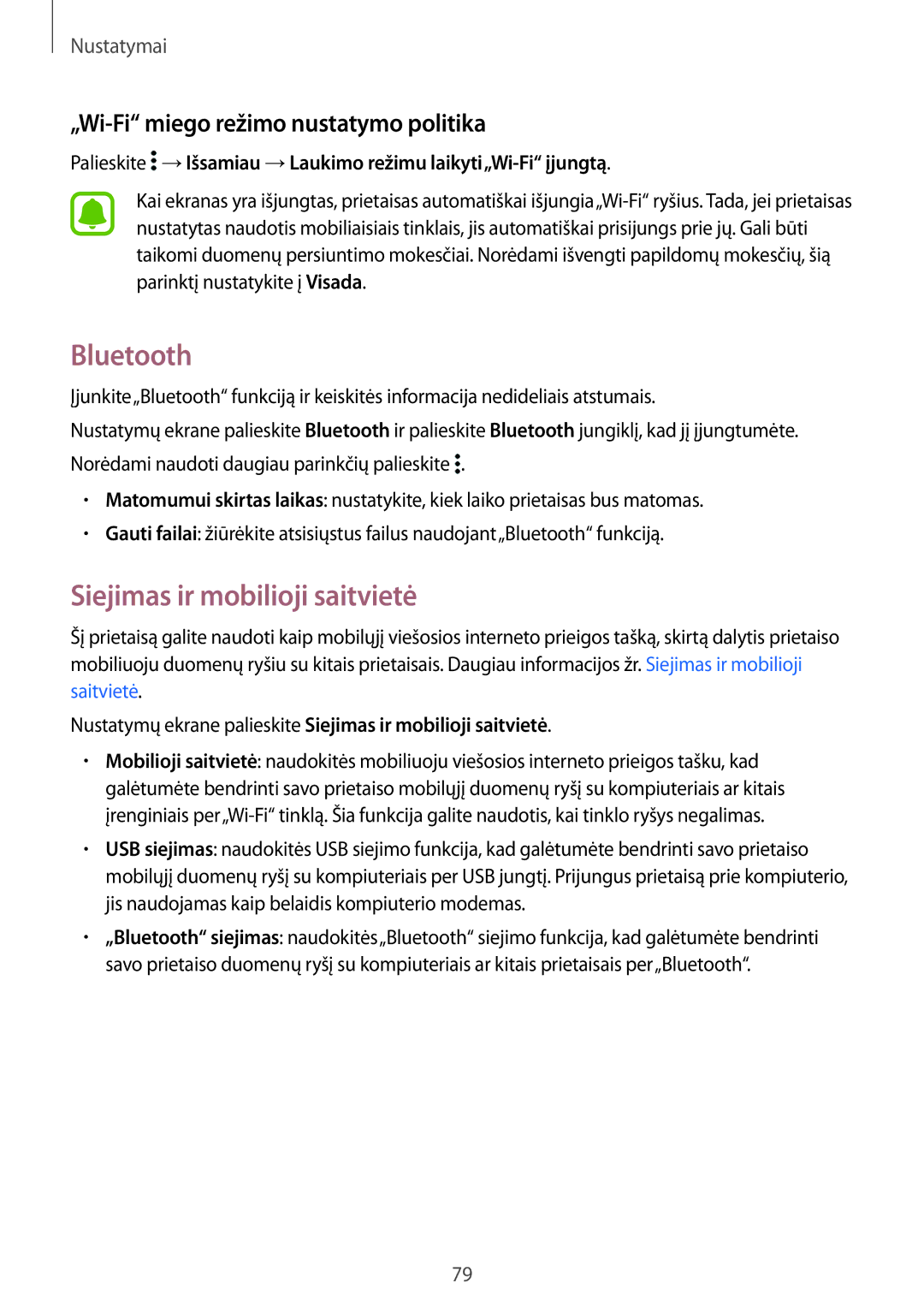 Samsung SM-G388FDSASEB manual Bluetooth, Siejimas ir mobilioji saitvietė, „Wi-Fi miego režimo nustatymo politika 