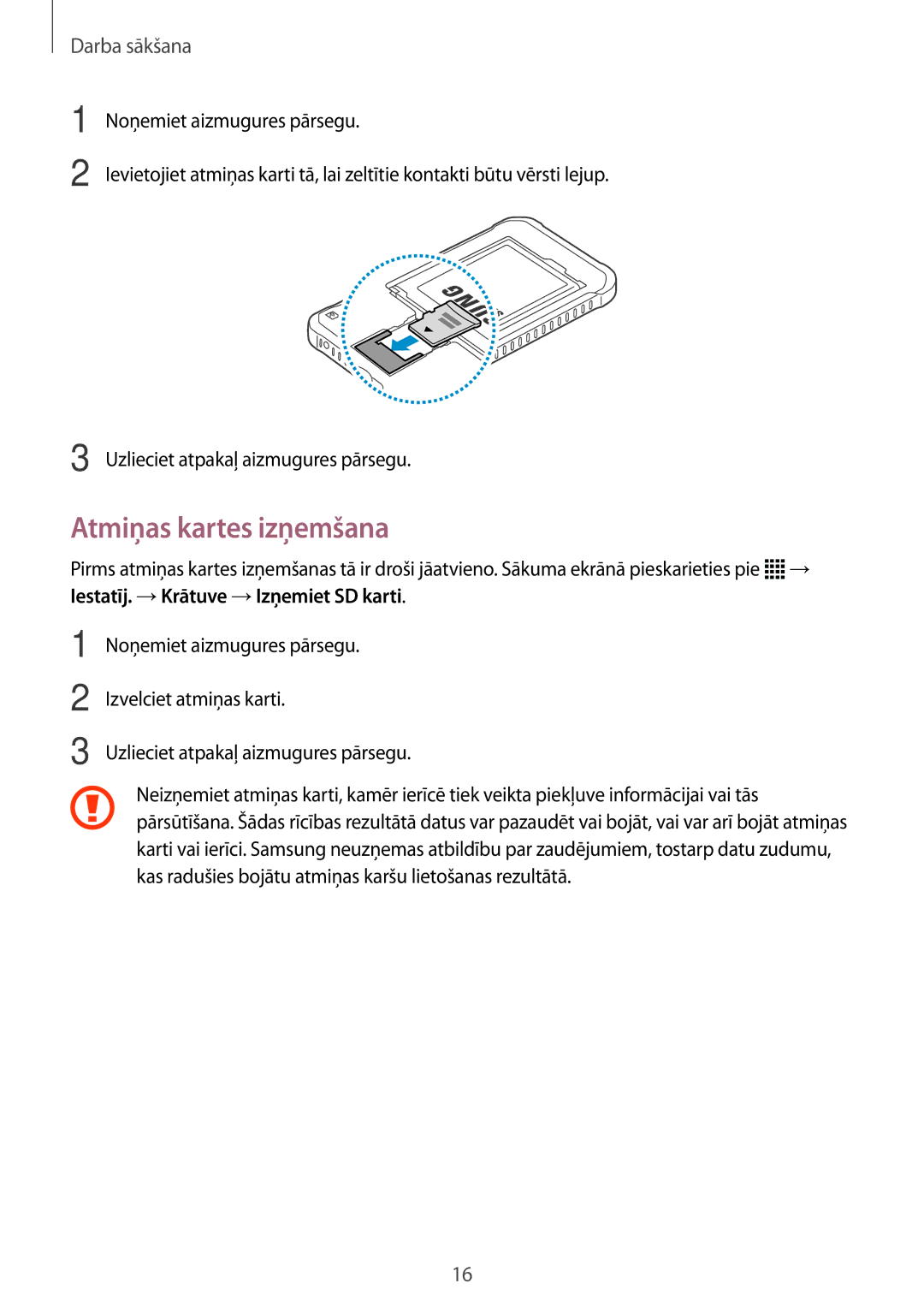 Samsung SM-G388FDSASEB manual Atmiņas kartes izņemšana 