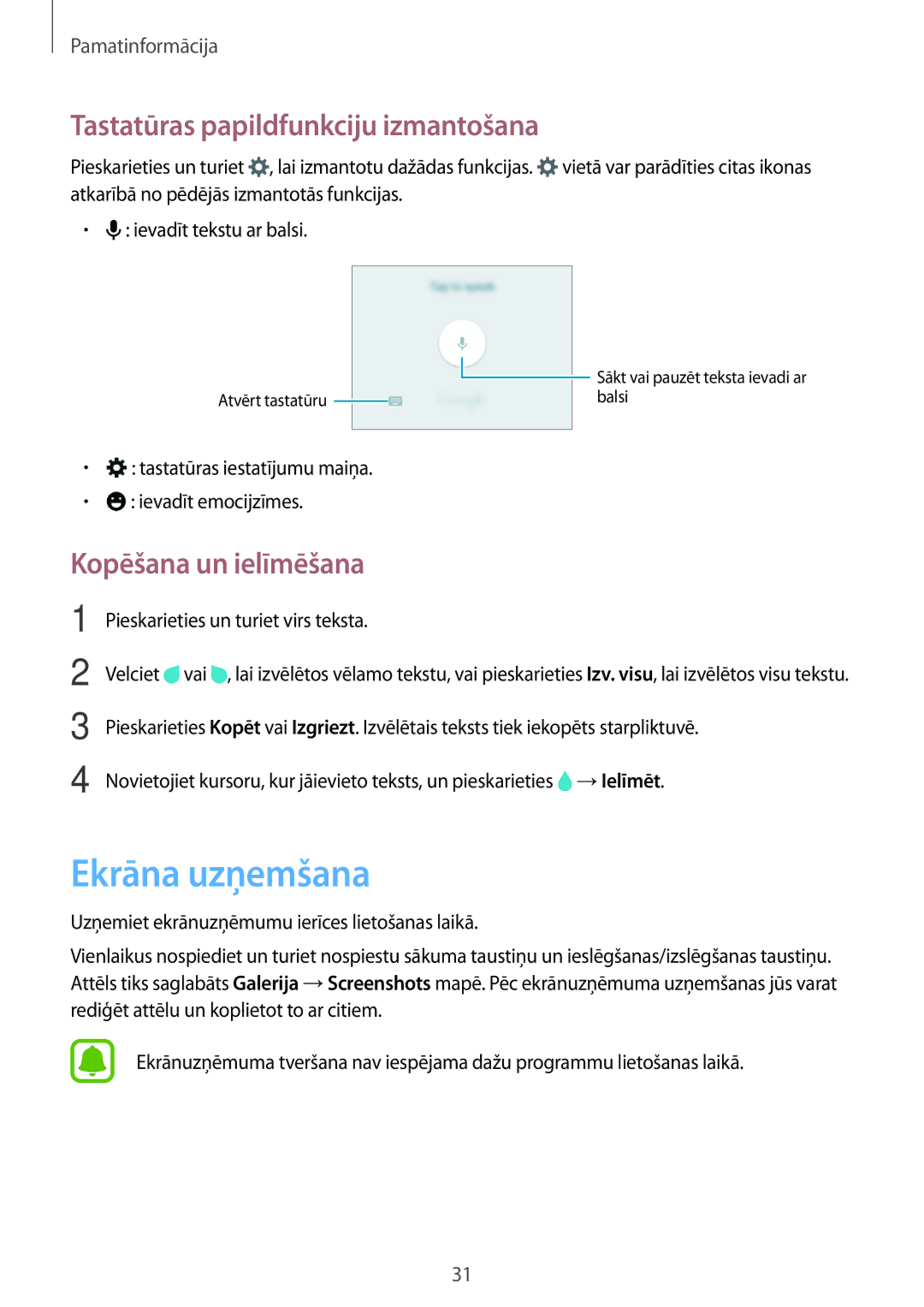 Samsung SM-G388FDSASEB manual Ekrāna uzņemšana, Tastatūras papildfunkciju izmantošana, Kopēšana un ielīmēšana 