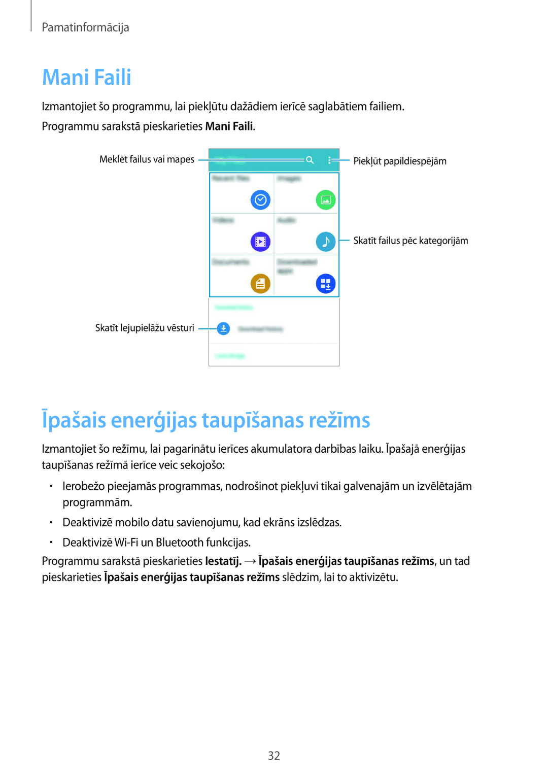 Samsung SM-G388FDSASEB manual Mani Faili, Īpašais enerģijas taupīšanas režīms 