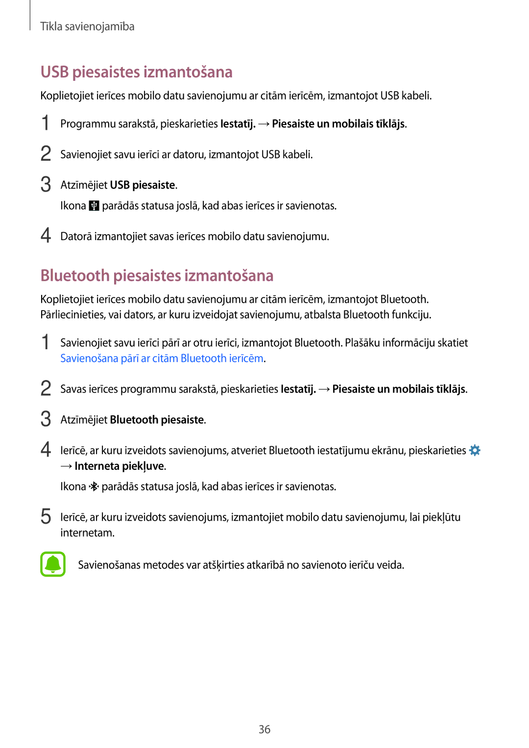 Samsung SM-G388FDSASEB manual USB piesaistes izmantošana, Bluetooth piesaistes izmantošana 