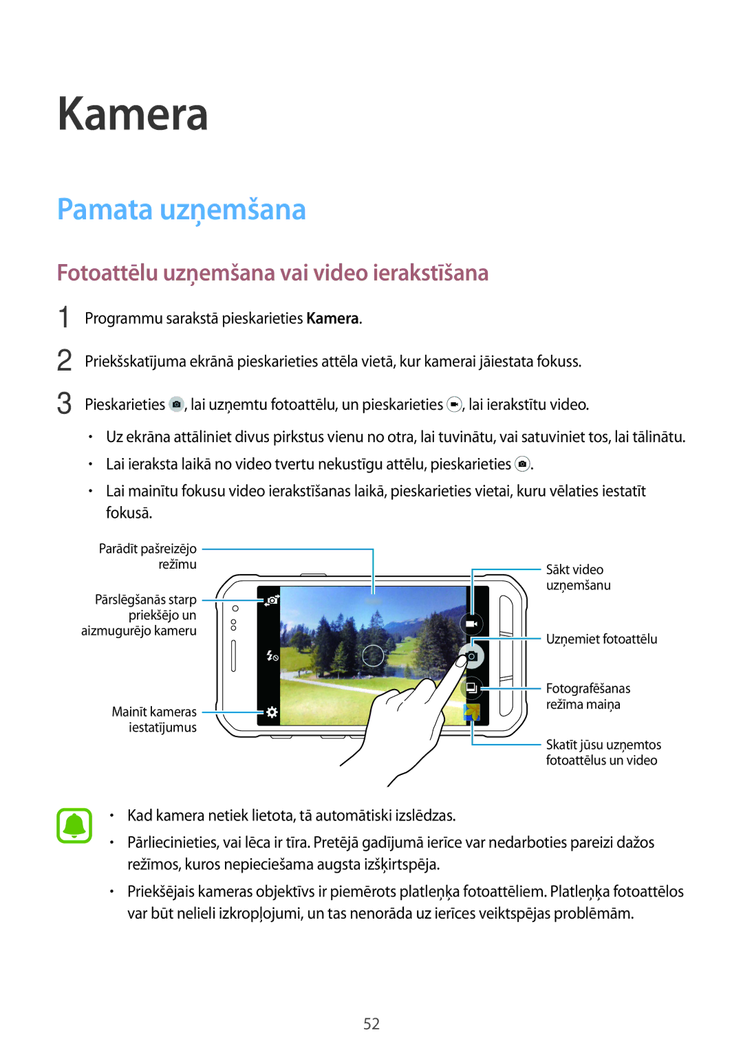 Samsung SM-G388FDSASEB manual Kamera, Pamata uzņemšana, Fotoattēlu uzņemšana vai video ierakstīšana 