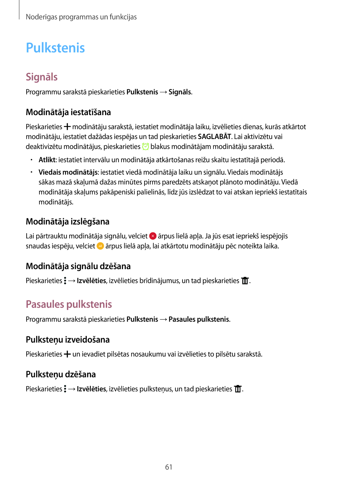 Samsung SM-G388FDSASEB manual Pulkstenis, Signāls, Pasaules pulkstenis 