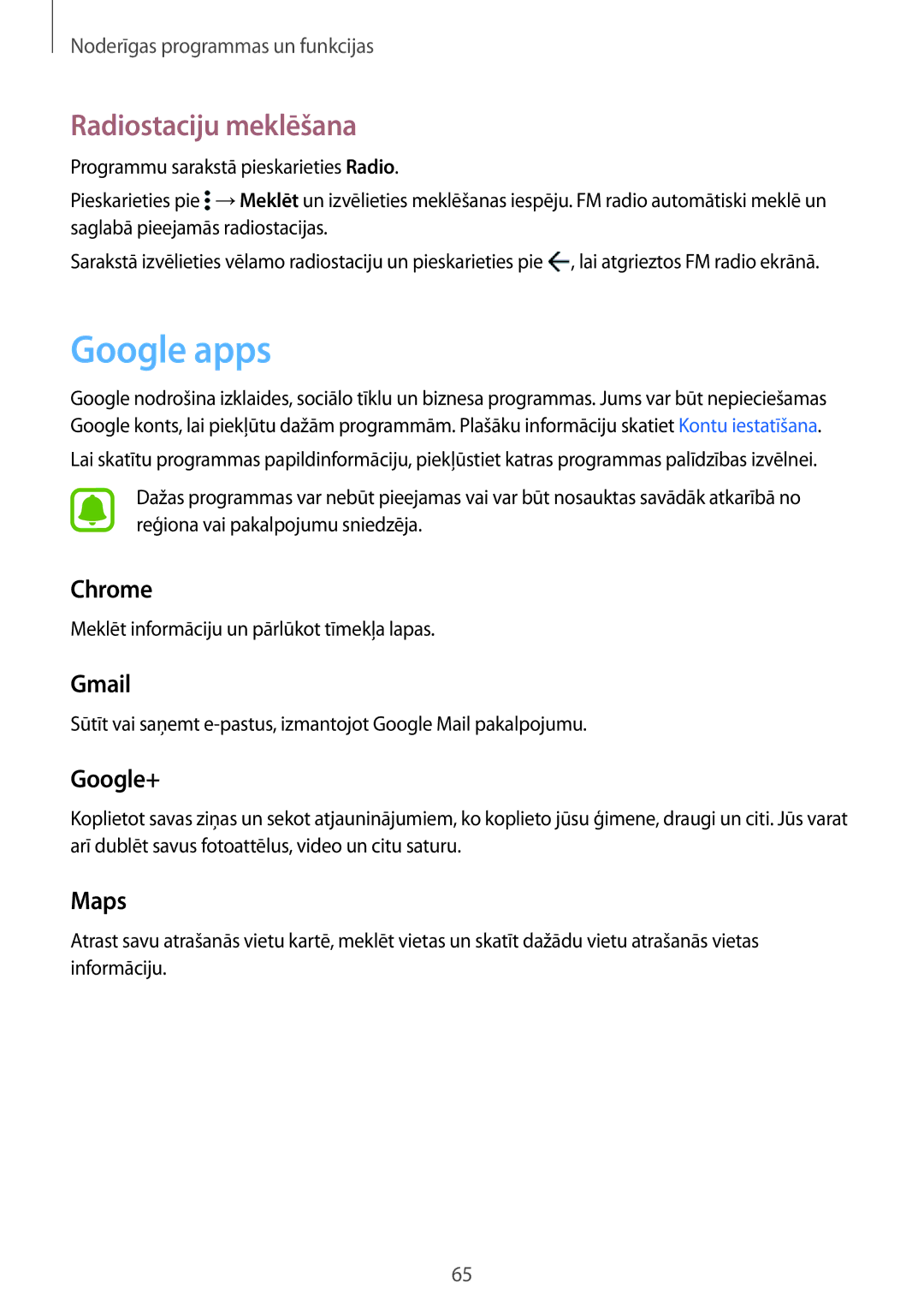 Samsung SM-G388FDSASEB manual Google apps, Radiostaciju meklēšana 