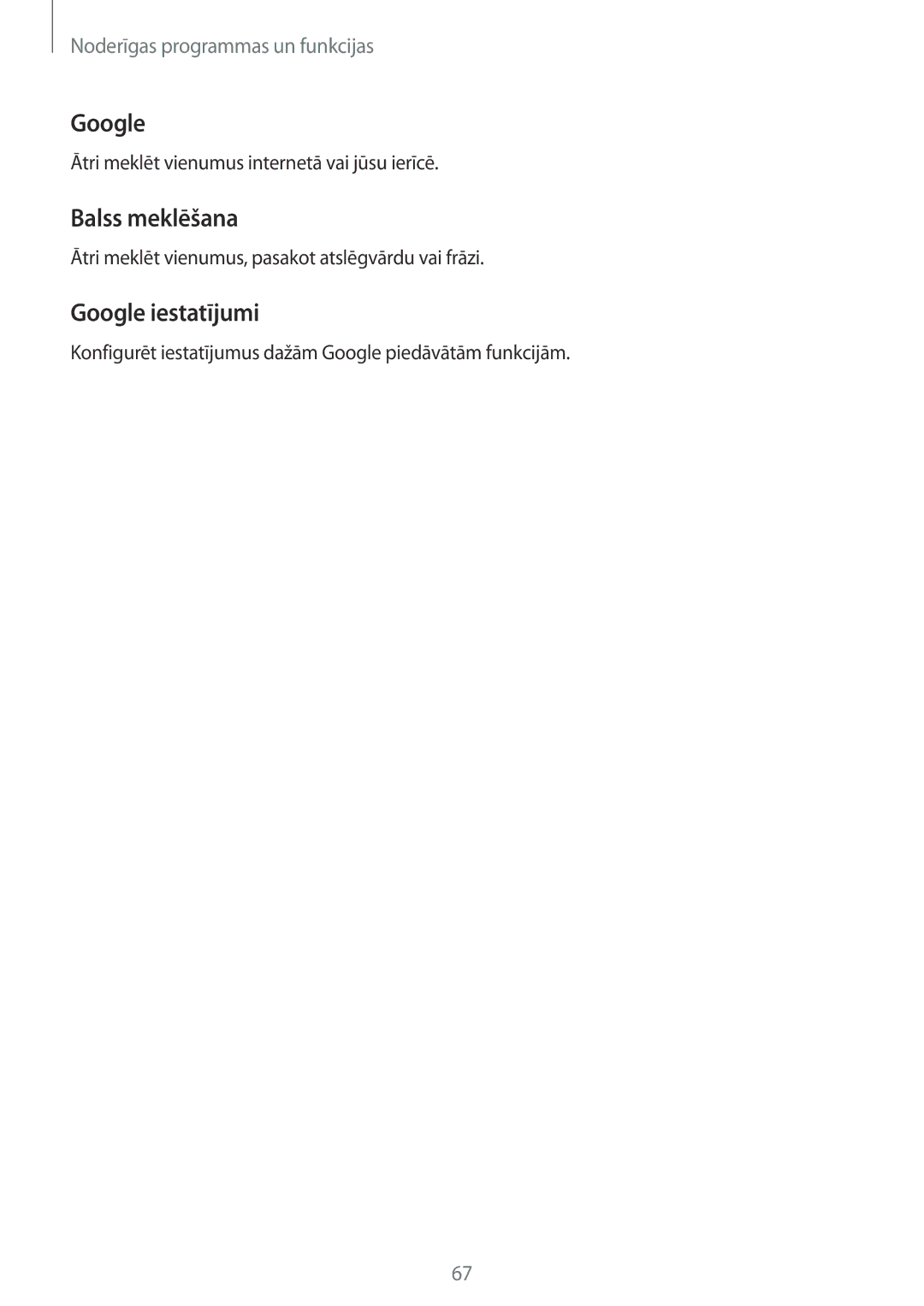 Samsung SM-G388FDSASEB manual Balss meklēšana, Google iestatījumi 