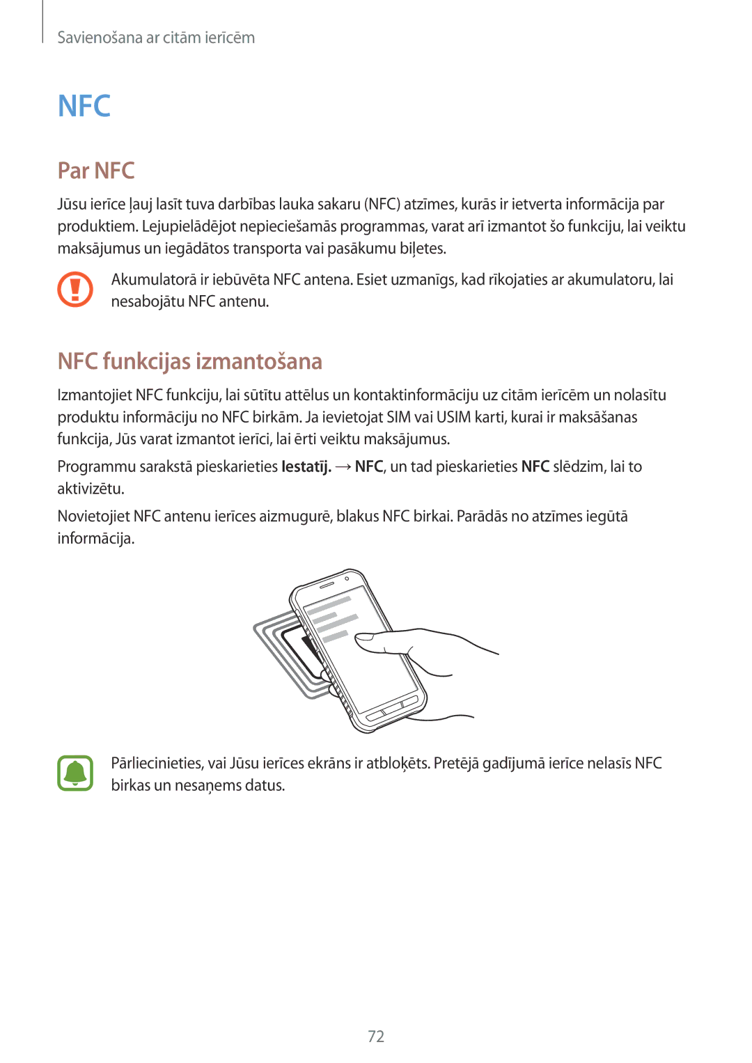 Samsung SM-G388FDSASEB manual Par NFC, NFC funkcijas izmantošana 