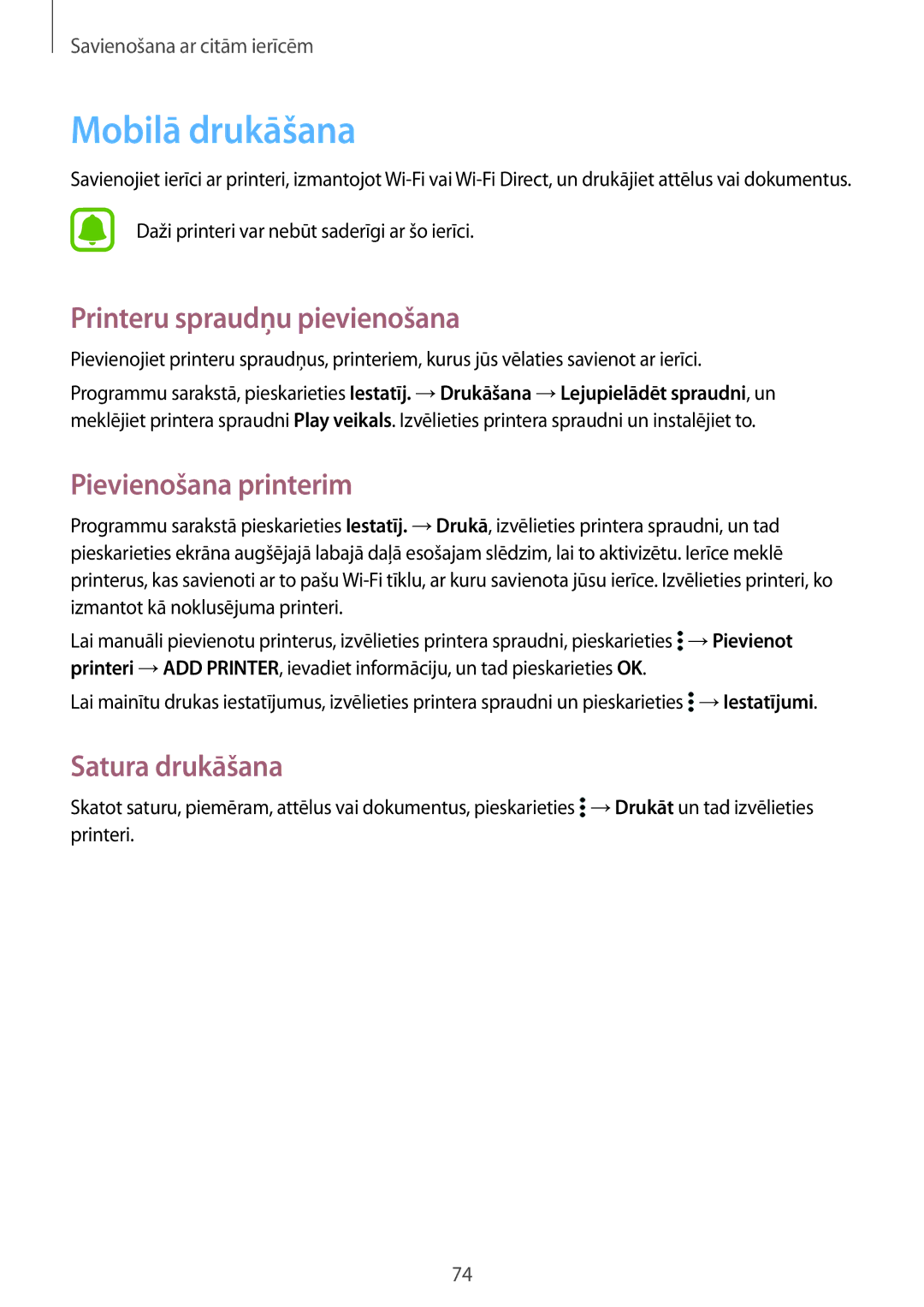 Samsung SM-G388FDSASEB manual Mobilā drukāšana, Printeru spraudņu pievienošana, Pievienošana printerim, Satura drukāšana 