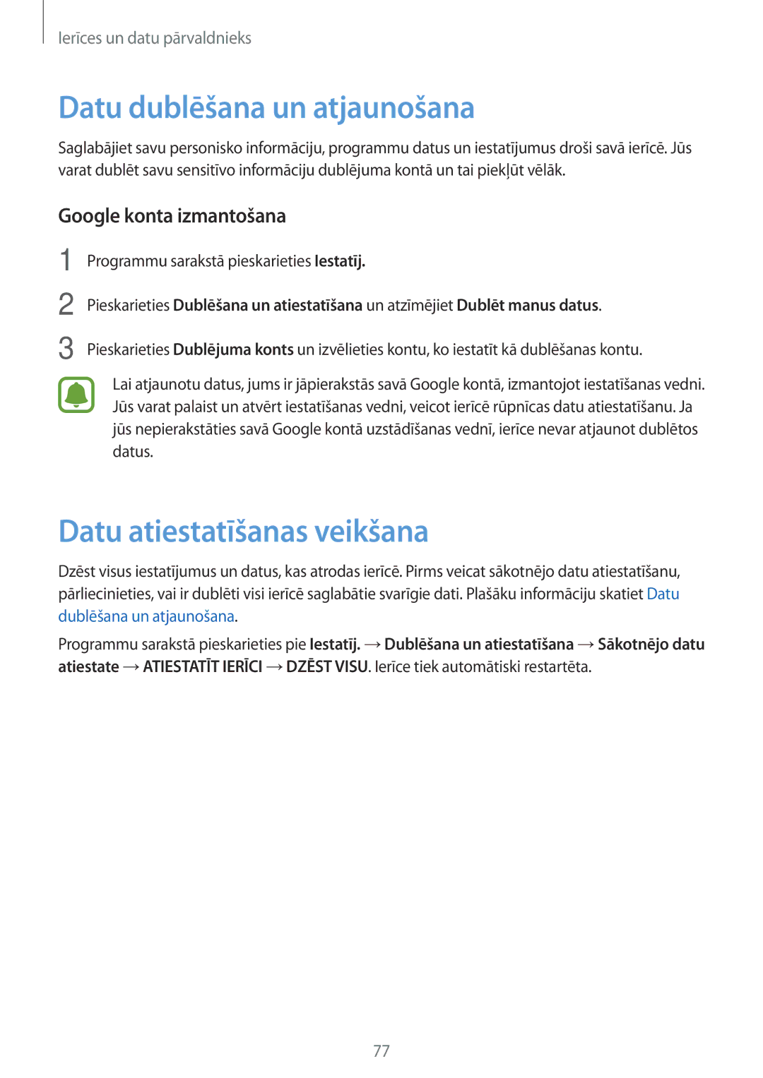 Samsung SM-G388FDSASEB manual Datu dublēšana un atjaunošana, Datu atiestatīšanas veikšana, Google konta izmantošana 