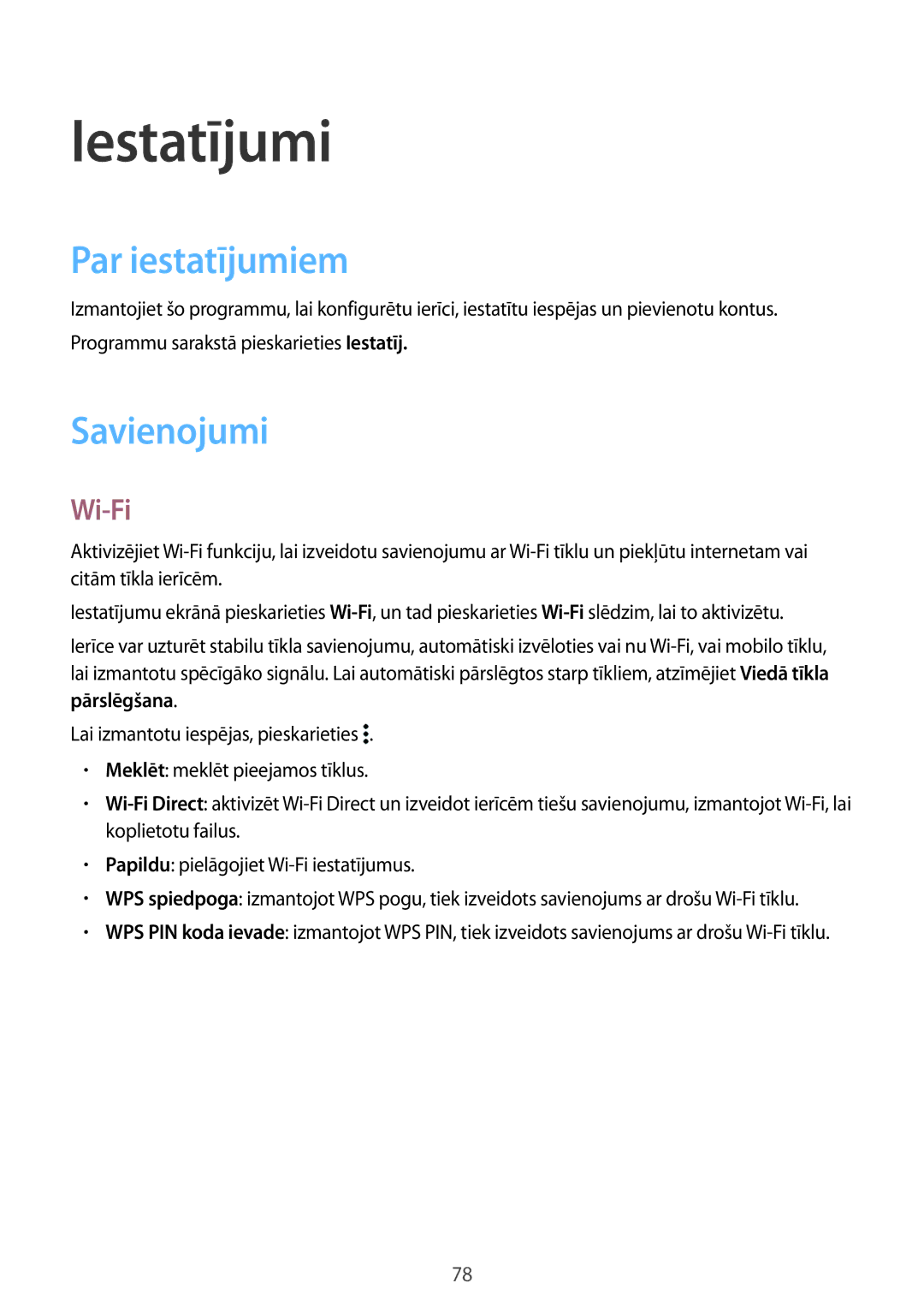 Samsung SM-G388FDSASEB manual Iestatījumi, Par iestatījumiem, Savienojumi, Wi-Fi 