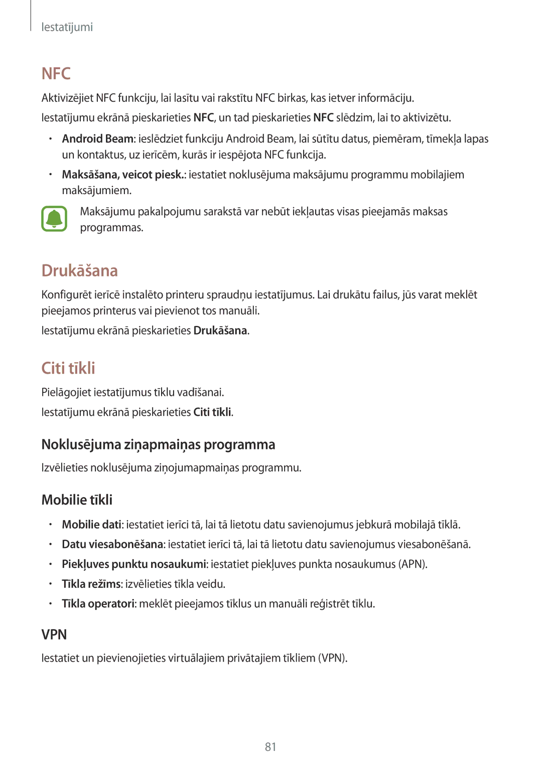 Samsung SM-G388FDSASEB manual Drukāšana, Citi tīkli, Noklusējuma ziņapmaiņas programma, Mobilie tīkli 