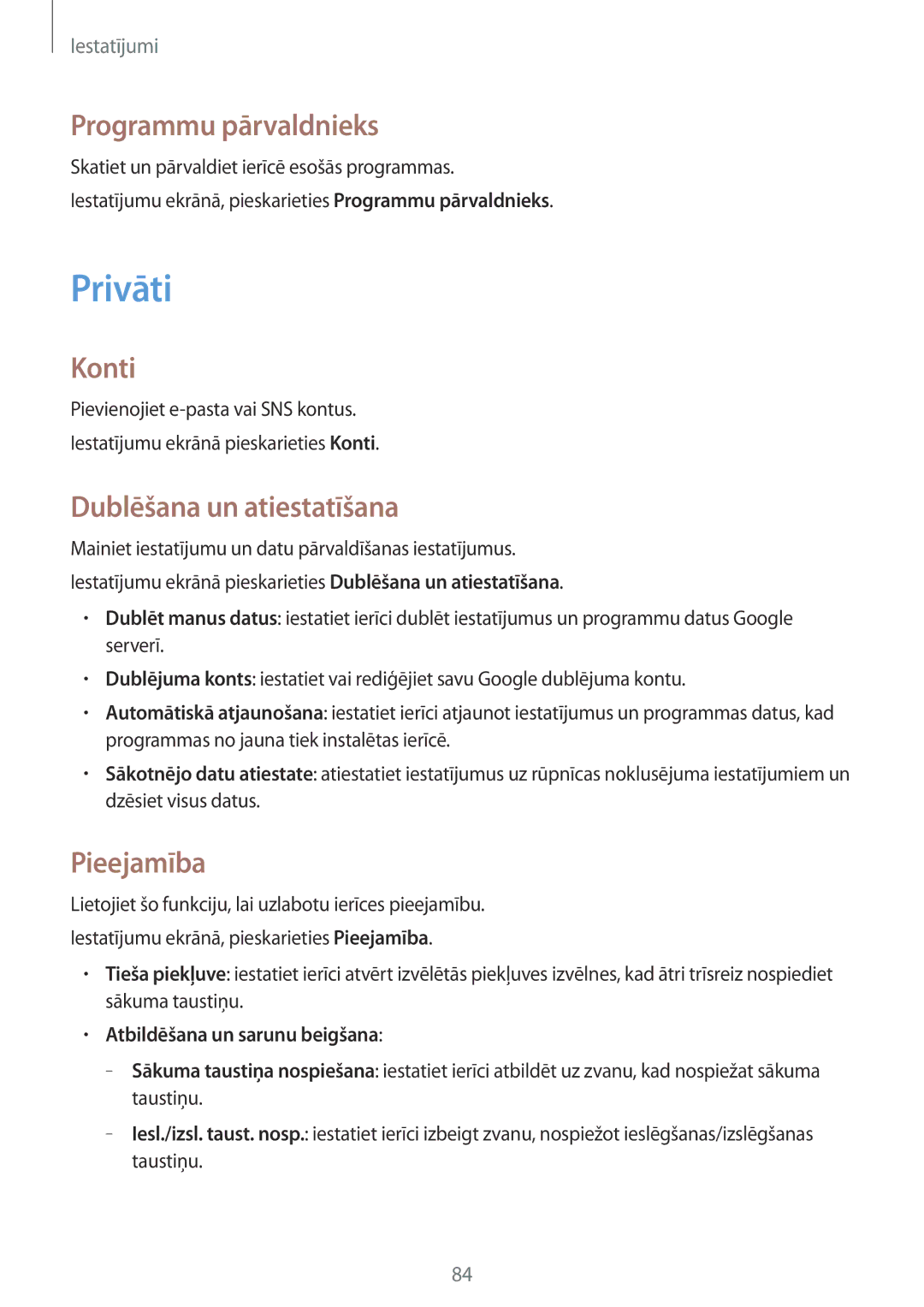 Samsung SM-G388FDSASEB manual Privāti, Programmu pārvaldnieks, Konti, Dublēšana un atiestatīšana, Pieejamība 