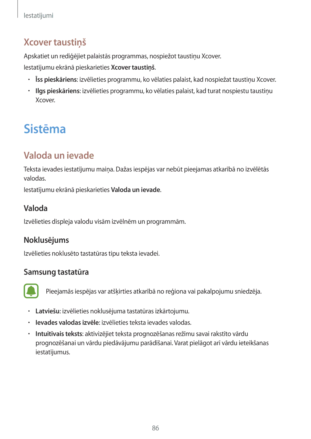 Samsung SM-G388FDSASEB manual Sistēma, Xcover taustiņš, Valoda un ievade 