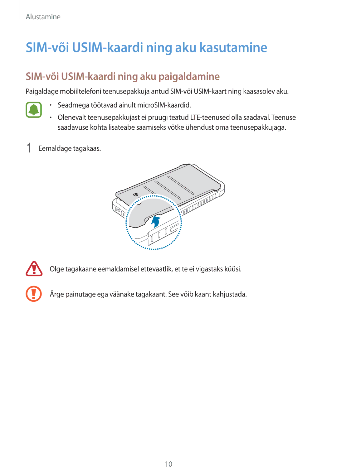 Samsung SM-G388FDSASEB manual SIM-või USIM-kaardi ning aku kasutamine, SIM-või USIM-kaardi ning aku paigaldamine 