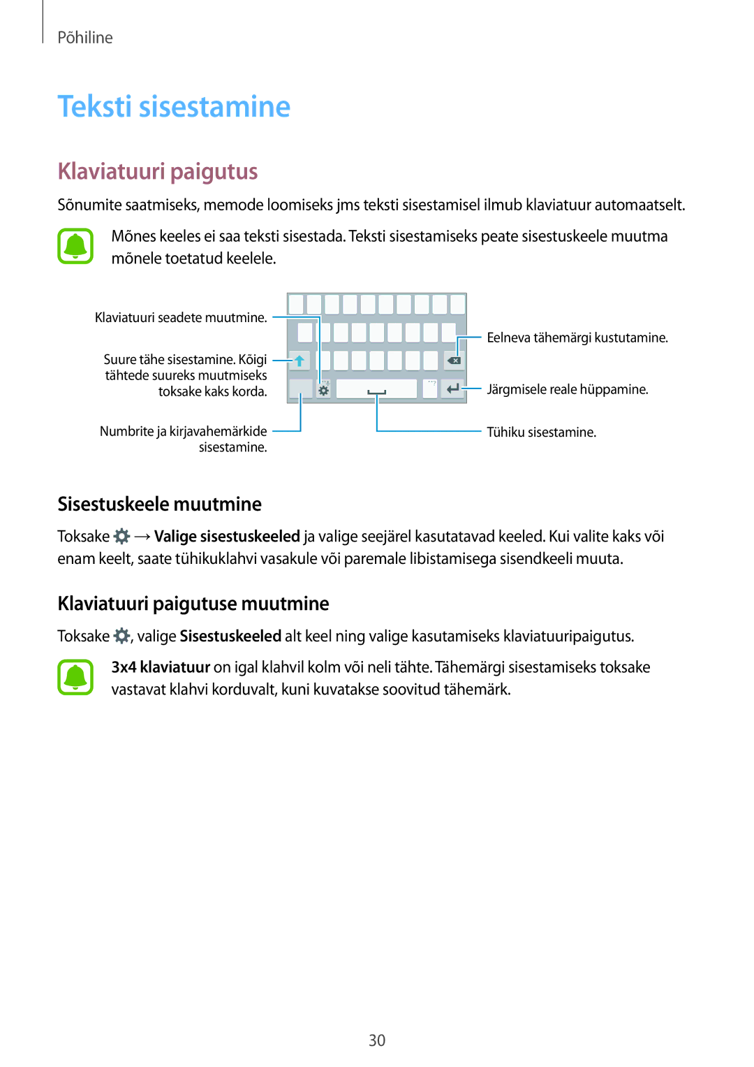 Samsung SM-G388FDSASEB manual Teksti sisestamine, Sisestuskeele muutmine, Klaviatuuri paigutuse muutmine 