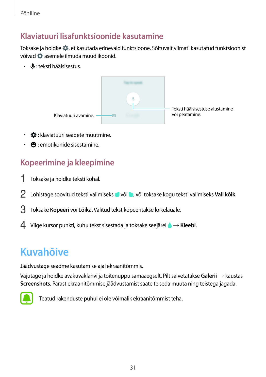 Samsung SM-G388FDSASEB manual Kuvahõive, Klaviatuuri lisafunktsioonide kasutamine, Kopeerimine ja kleepimine 