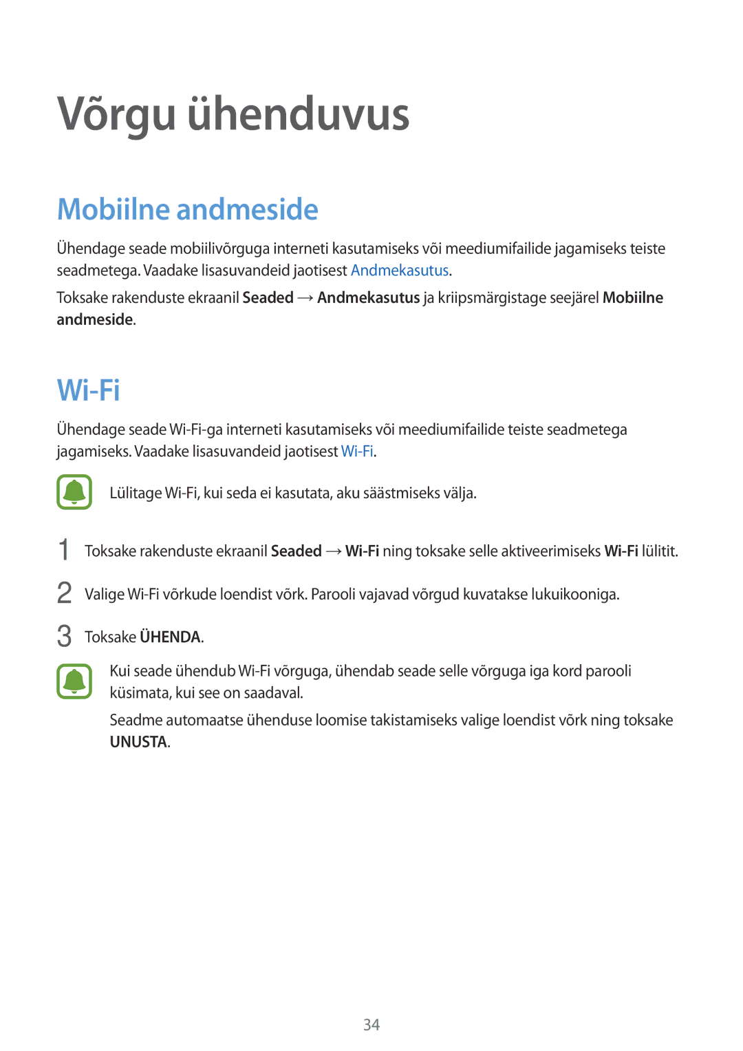 Samsung SM-G388FDSASEB manual Võrgu ühenduvus, Mobiilne andmeside, Wi-Fi 