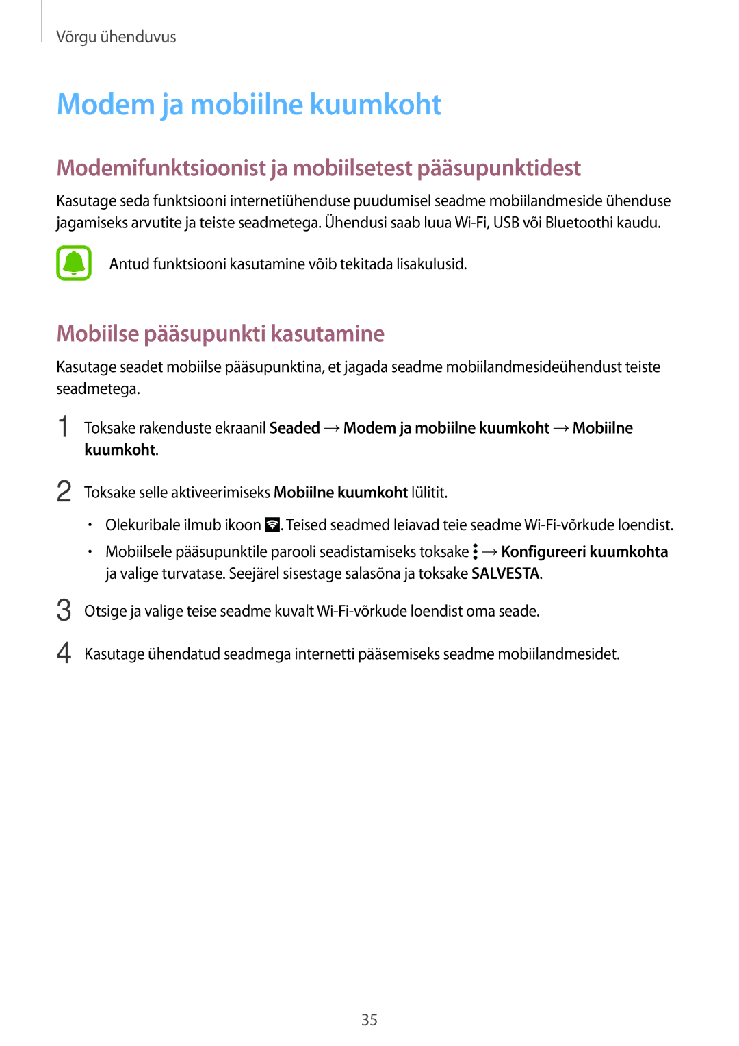 Samsung SM-G388FDSASEB manual Modem ja mobiilne kuumkoht, Modemifunktsioonist ja mobiilsetest pääsupunktidest 