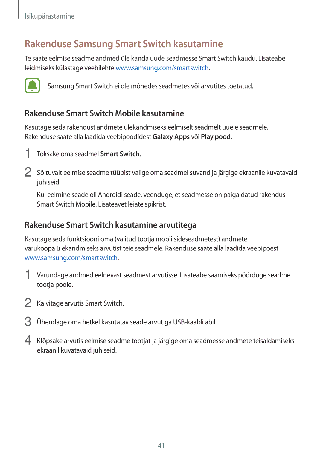 Samsung SM-G388FDSASEB manual Rakenduse Samsung Smart Switch kasutamine, Rakenduse Smart Switch Mobile kasutamine 