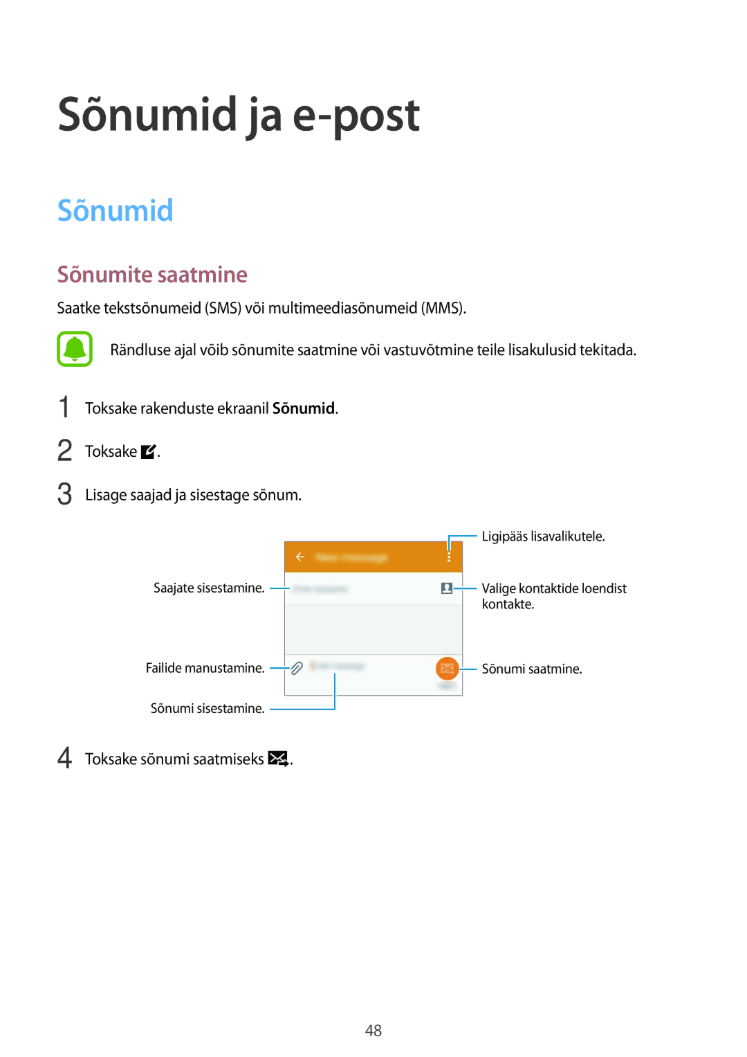 Samsung SM-G388FDSASEB manual Sõnumid ja e-post, Sõnumite saatmine 