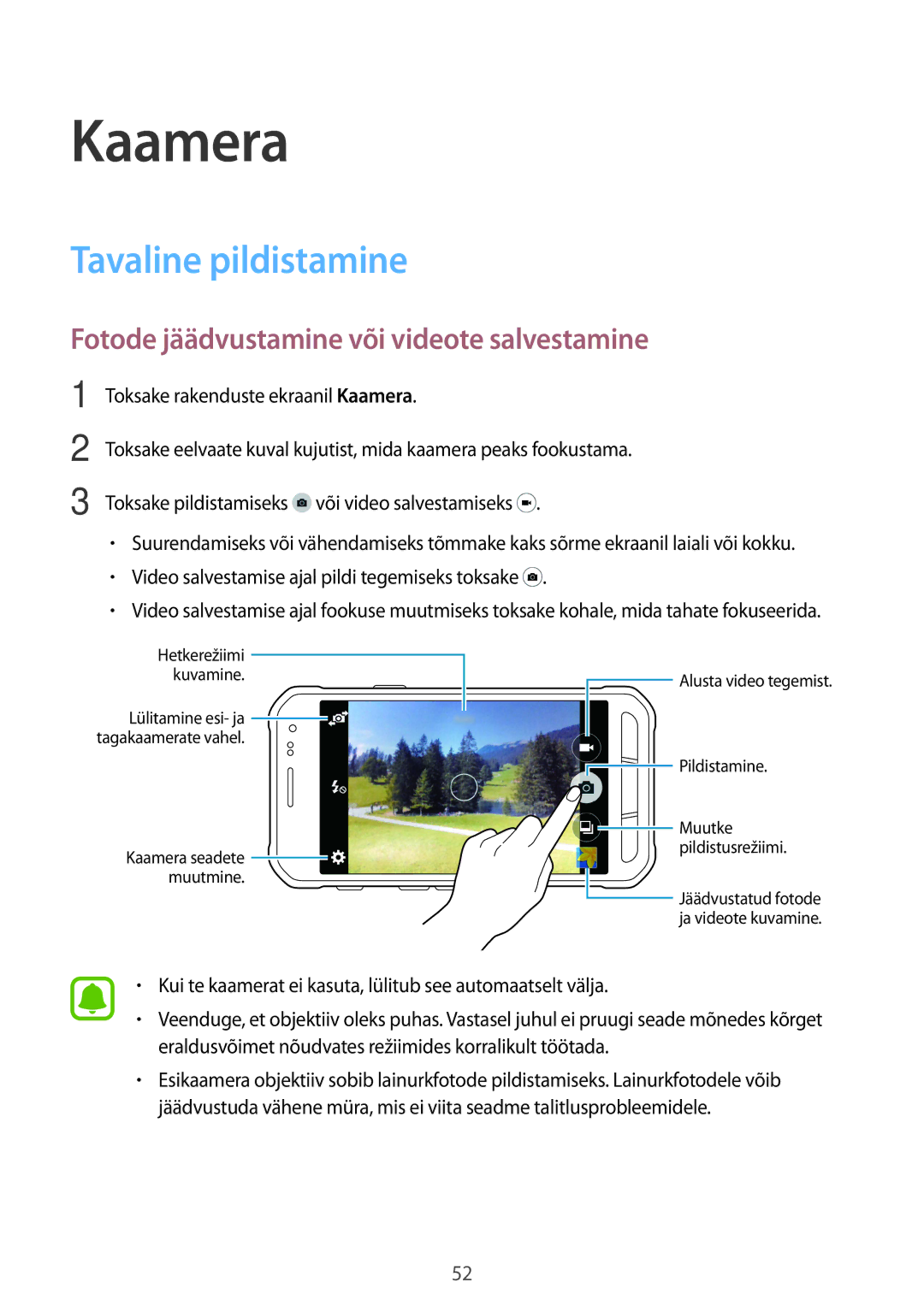 Samsung SM-G388FDSASEB manual Kaamera, Tavaline pildistamine, Fotode jäädvustamine või videote salvestamine 