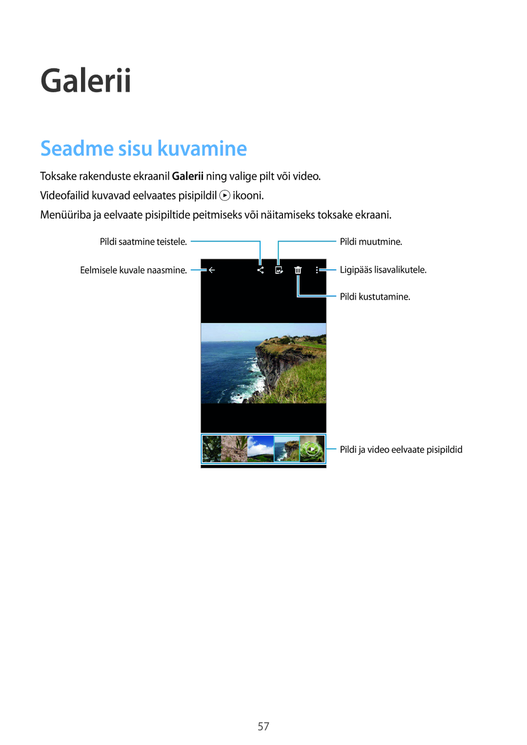 Samsung SM-G388FDSASEB manual Galerii, Seadme sisu kuvamine 