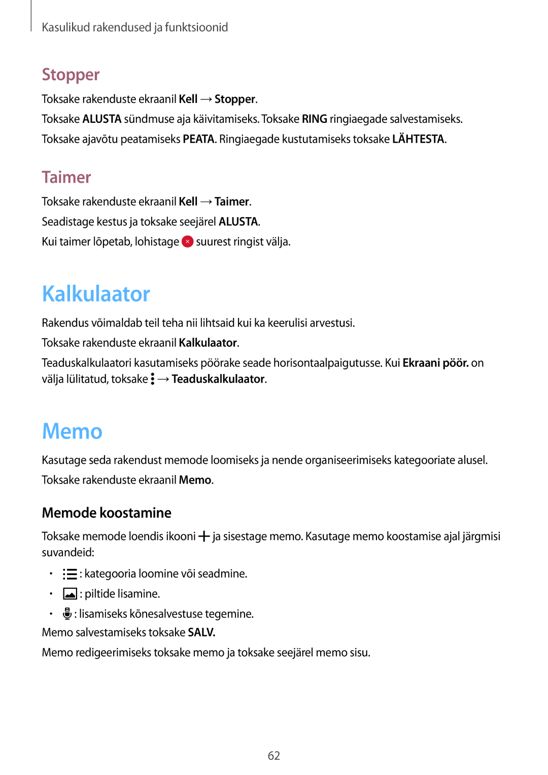 Samsung SM-G388FDSASEB manual Kalkulaator, Stopper, Taimer, Memode koostamine 