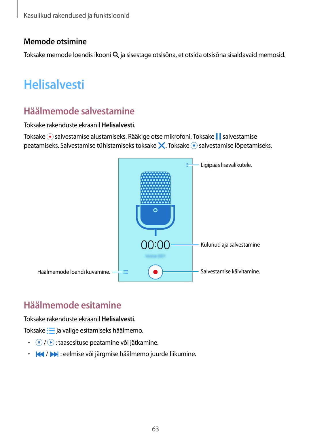 Samsung SM-G388FDSASEB manual Helisalvesti, Häälmemode salvestamine, Häälmemode esitamine, Memode otsimine 