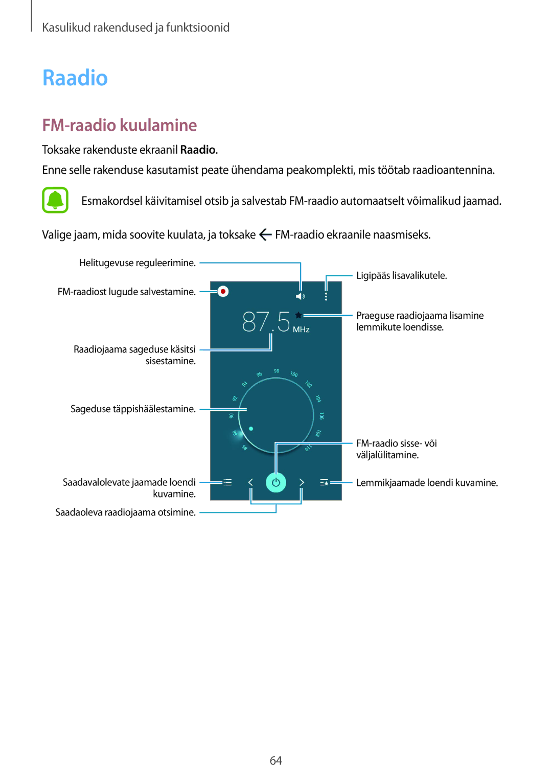 Samsung SM-G388FDSASEB manual FM-raadio kuulamine, Toksake rakenduste ekraanil Raadio 