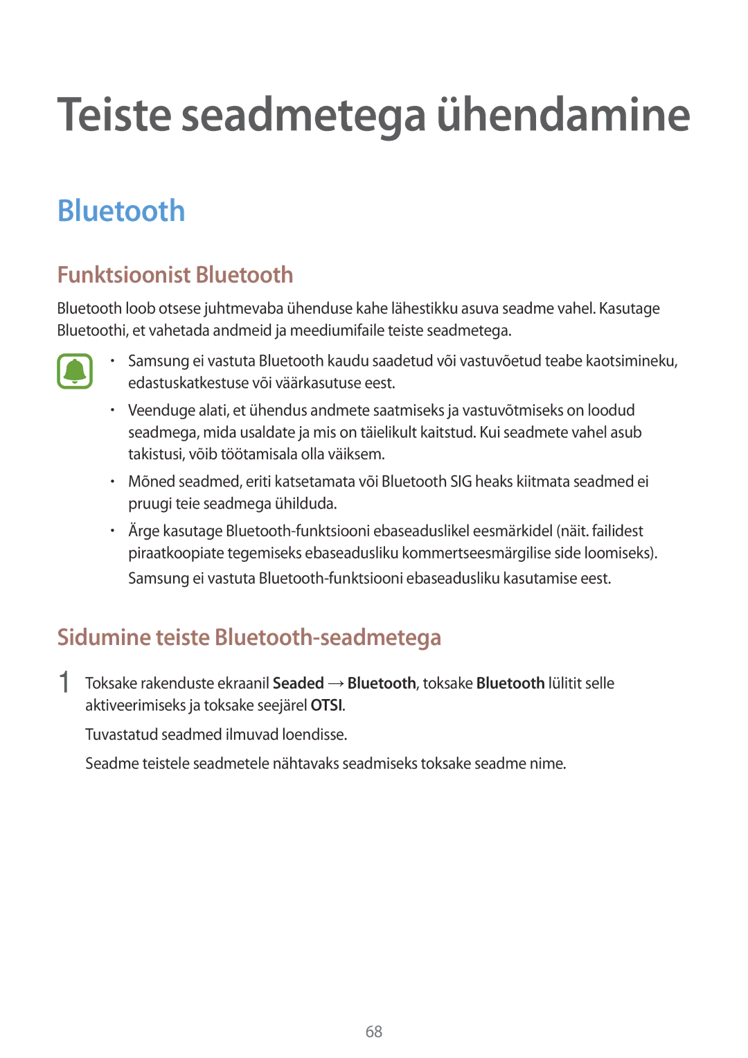 Samsung SM-G388FDSASEB manual Funktsioonist Bluetooth, Sidumine teiste Bluetooth-seadmetega 