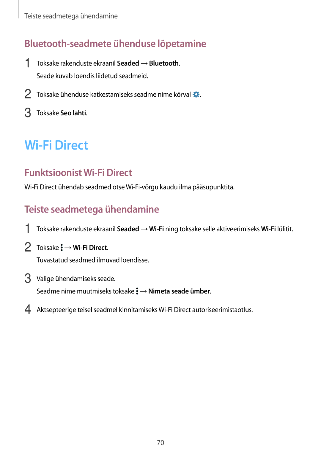 Samsung SM-G388FDSASEB manual Bluetooth-seadmete ühenduse lõpetamine, Funktsioonist Wi-Fi Direct 