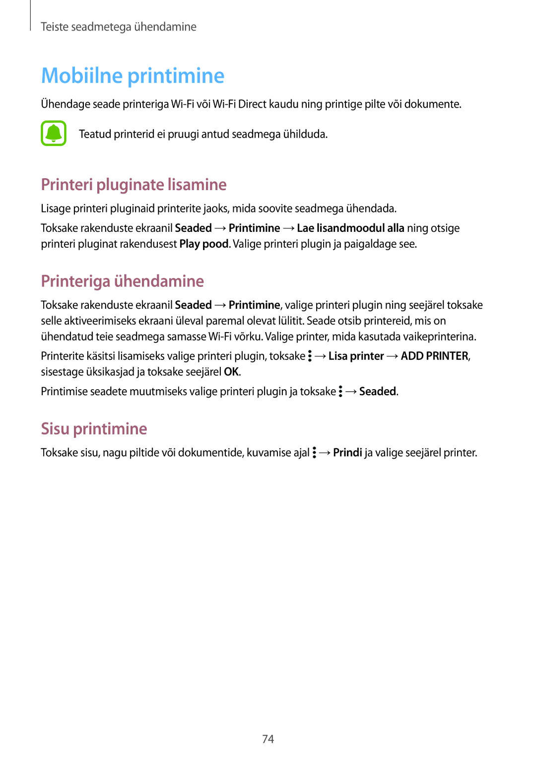 Samsung SM-G388FDSASEB manual Mobiilne printimine, Printeri pluginate lisamine, Printeriga ühendamine, Sisu printimine 