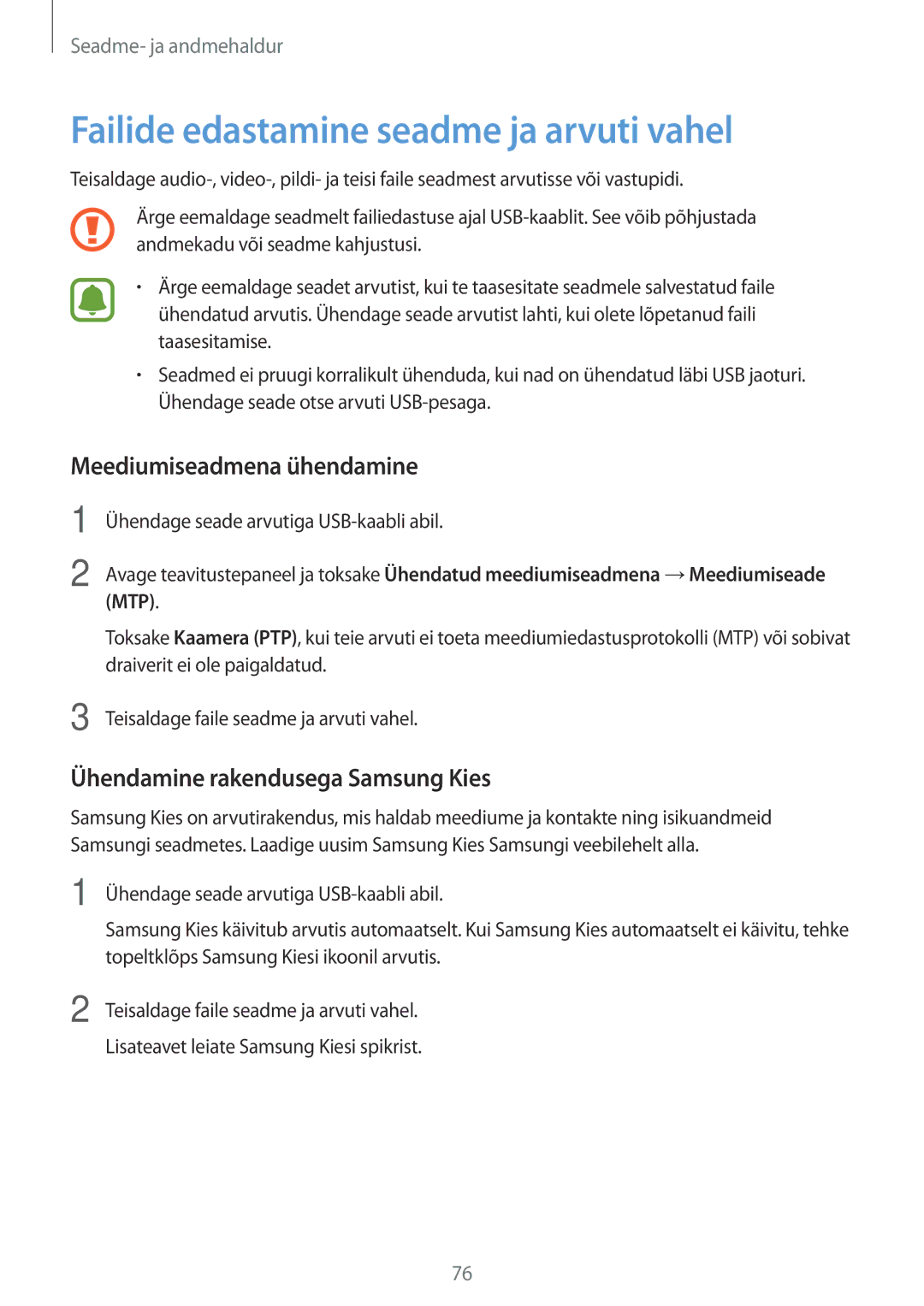 Samsung SM-G388FDSASEB manual Failide edastamine seadme ja arvuti vahel, Meediumiseadmena ühendamine 