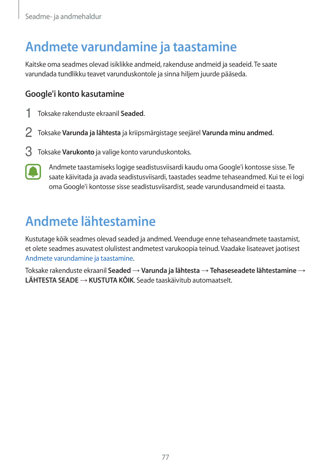 Samsung SM-G388FDSASEB manual Andmete varundamine ja taastamine, Andmete lähtestamine, Googlei konto kasutamine 