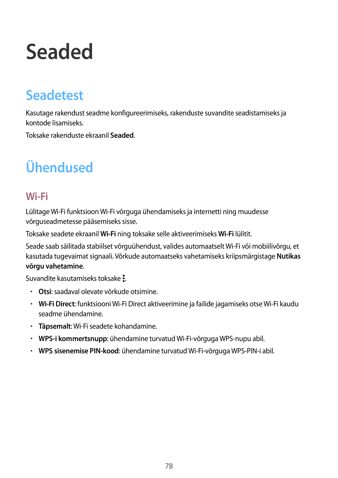 Samsung SM-G388FDSASEB manual Seaded, Seadetest, Ühendused, Wi-Fi 