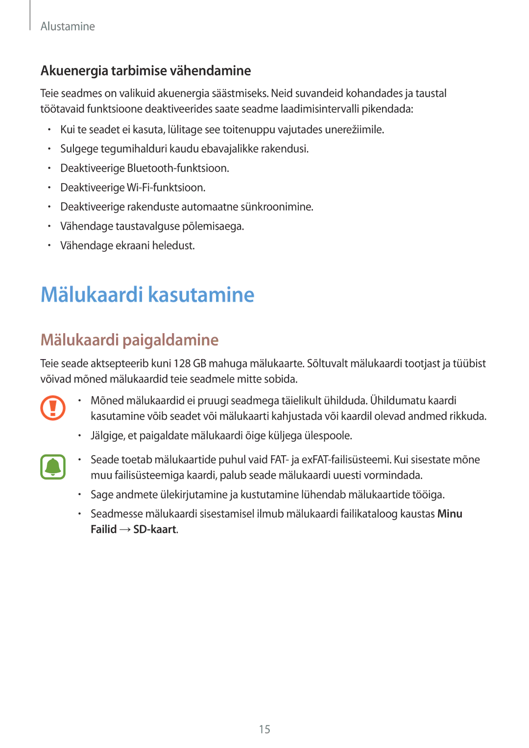 Samsung SM-G388FDSASEB manual Mälukaardi kasutamine, Mälukaardi paigaldamine, Akuenergia tarbimise vähendamine 