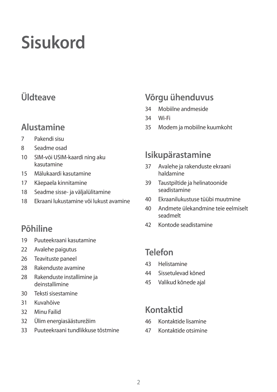 Samsung SM-G388FDSASEB manual Sisukord, Mobiilne andmeside Wi-Fi Modem ja mobiilne kuumkoht 