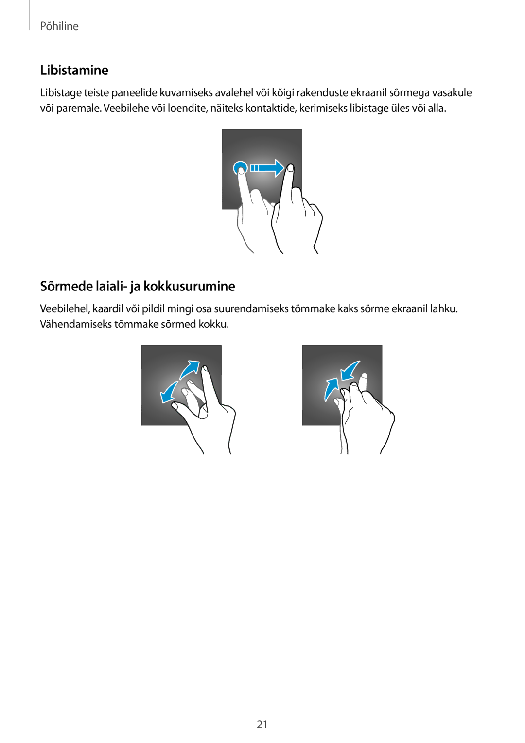 Samsung SM-G388FDSASEB manual Libistamine, Sõrmede laiali- ja kokkusurumine 