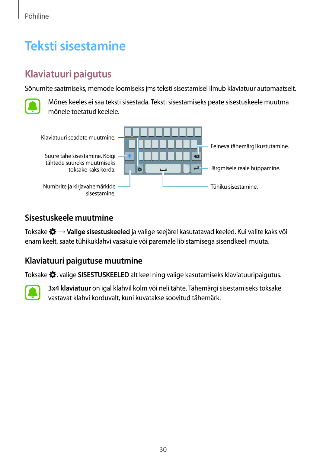 Samsung SM-G388FDSASEB manual Teksti sisestamine, Sisestuskeele muutmine, Klaviatuuri paigutuse muutmine 