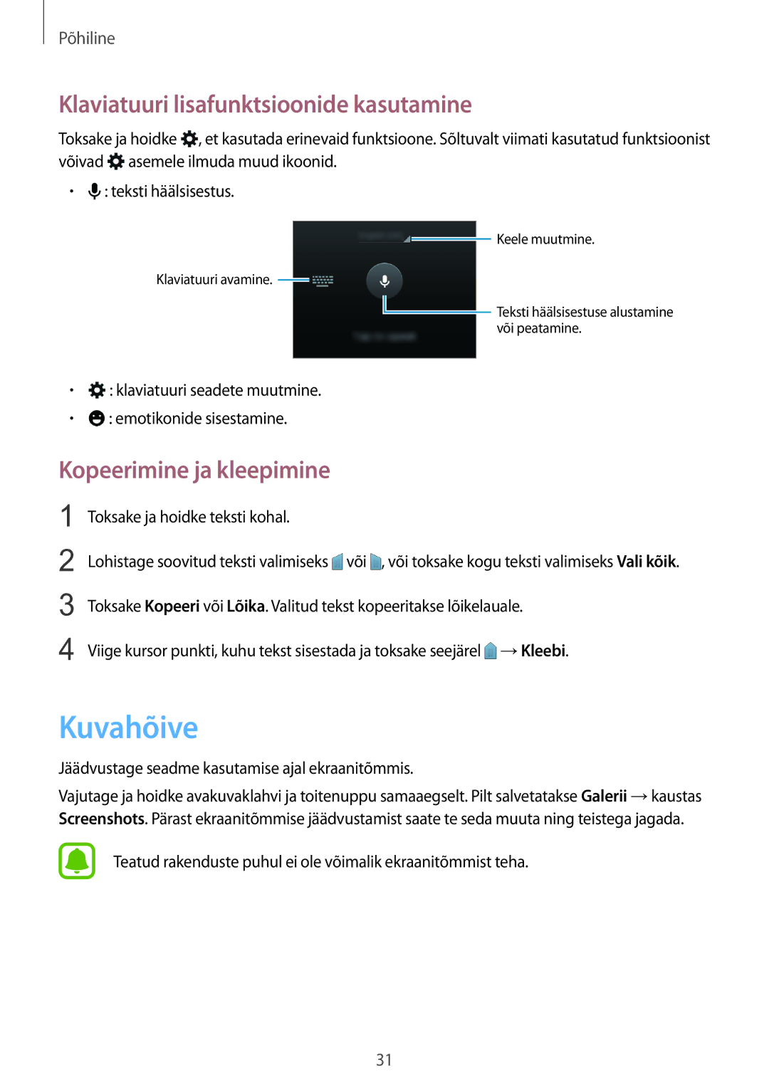 Samsung SM-G388FDSASEB manual Kuvahõive, Klaviatuuri lisafunktsioonide kasutamine, Kopeerimine ja kleepimine 