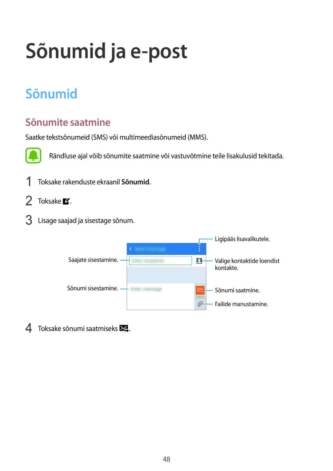 Samsung SM-G388FDSASEB manual Sõnumid ja e-post, Sõnumite saatmine 