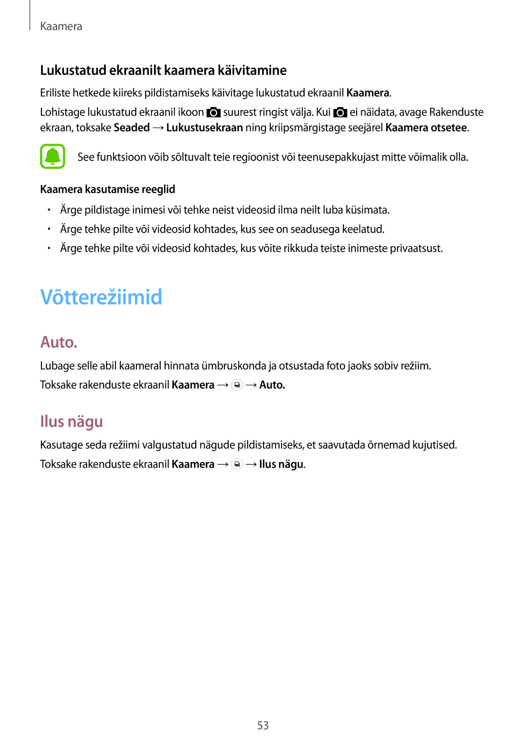 Samsung SM-G388FDSASEB manual Võtterežiimid, Auto, Ilus nägu, Lukustatud ekraanilt kaamera käivitamine 