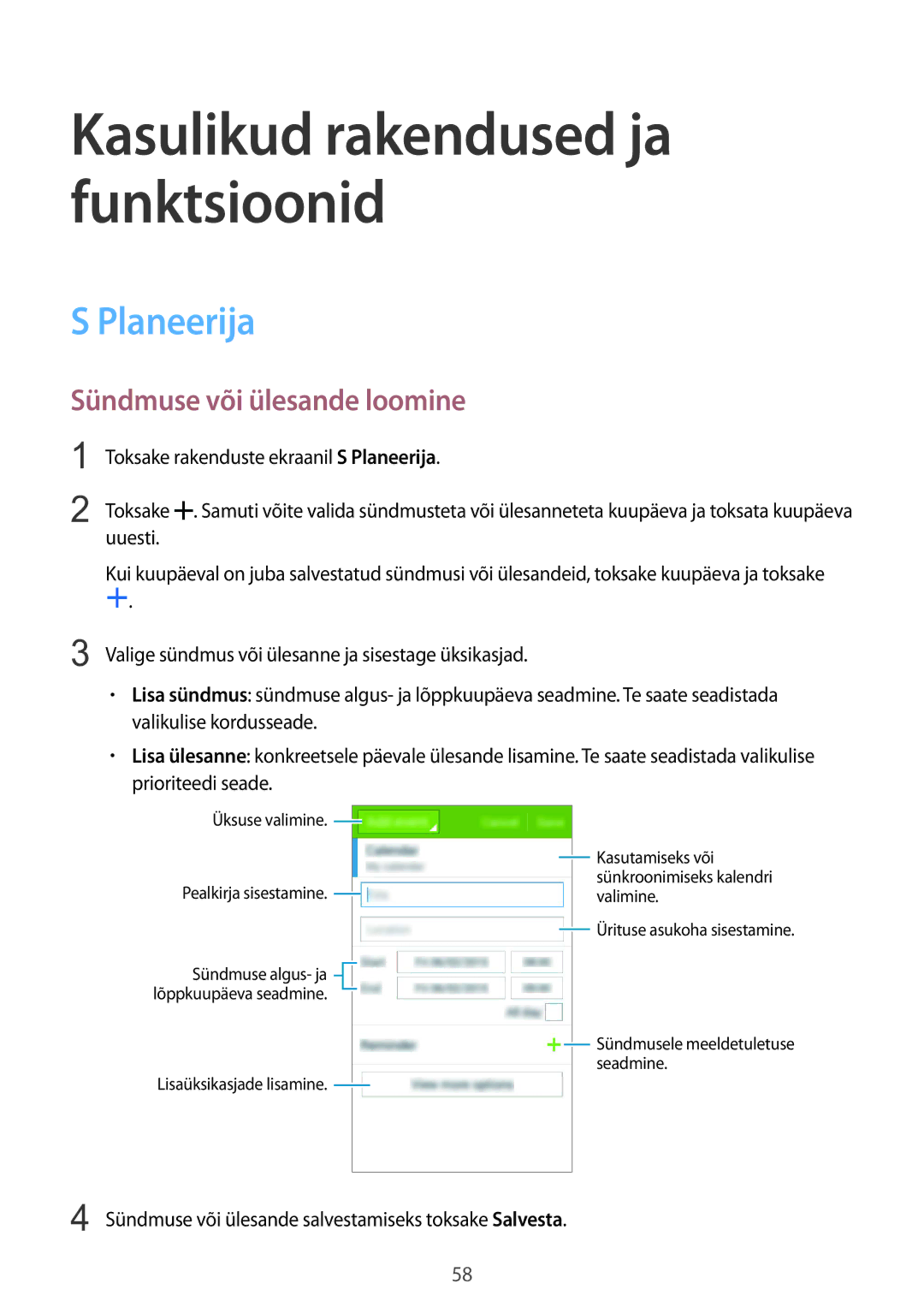 Samsung SM-G388FDSASEB Planeerija, Sündmuse või ülesande loomine, Sündmuse või ülesande salvestamiseks toksake Salvesta 