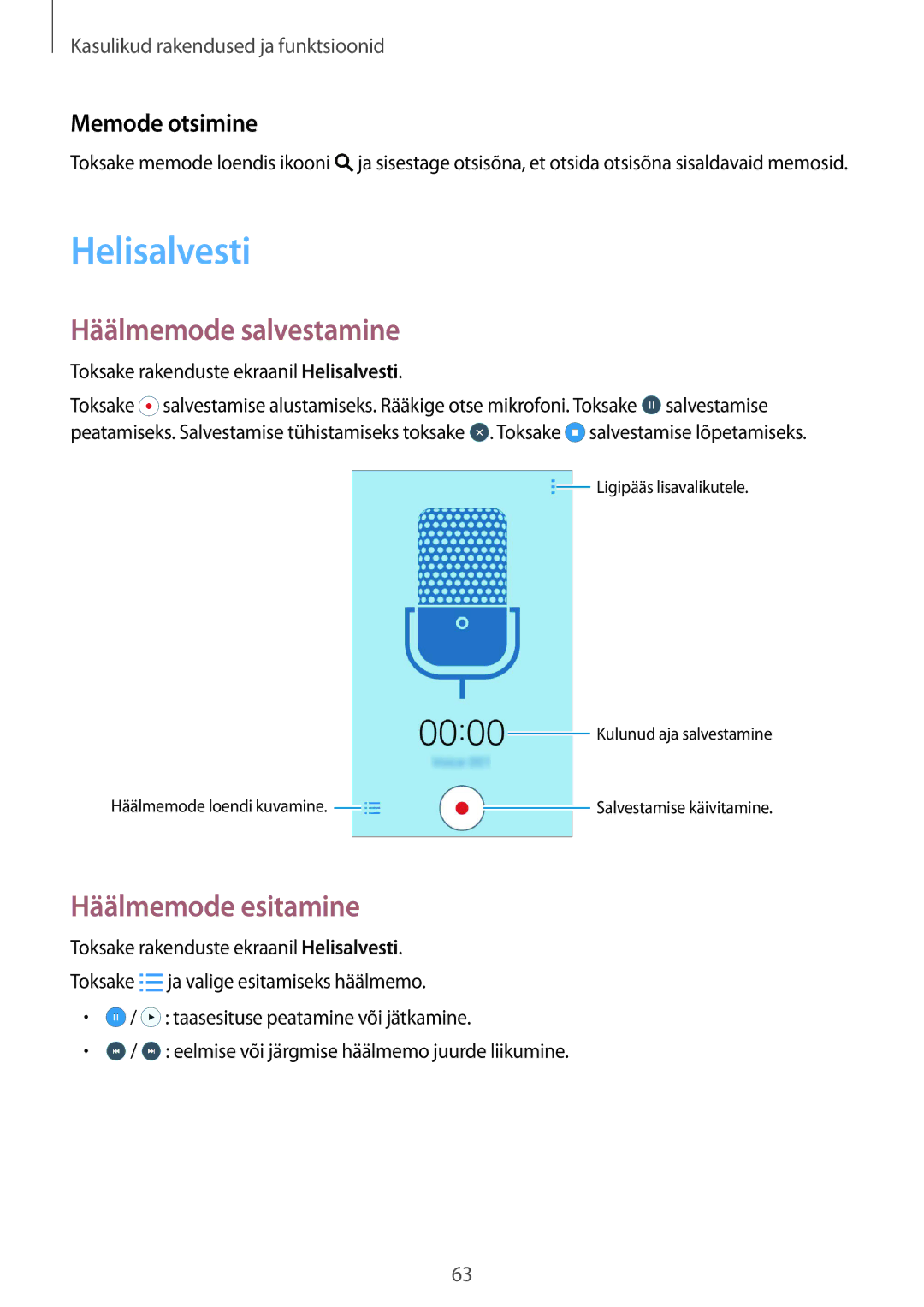 Samsung SM-G388FDSASEB manual Helisalvesti, Häälmemode salvestamine, Häälmemode esitamine, Memode otsimine 