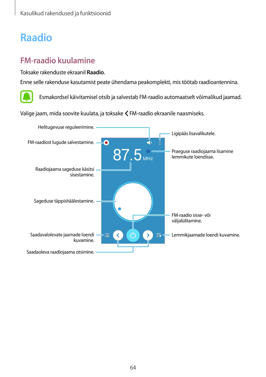 Samsung SM-G388FDSASEB manual FM-raadio kuulamine, Toksake rakenduste ekraanil Raadio 