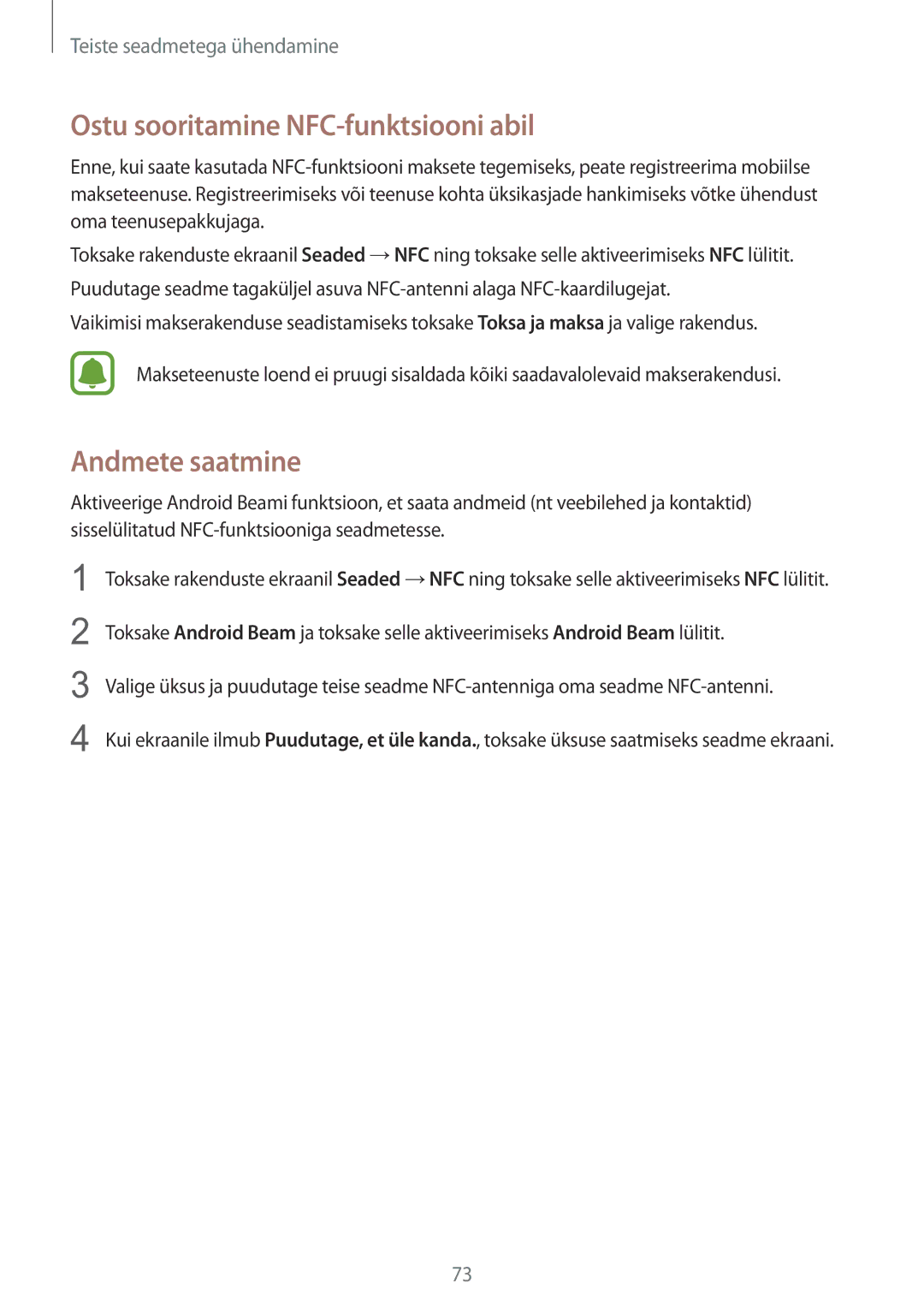 Samsung SM-G388FDSASEB manual Ostu sooritamine NFC-funktsiooni abil, Andmete saatmine 