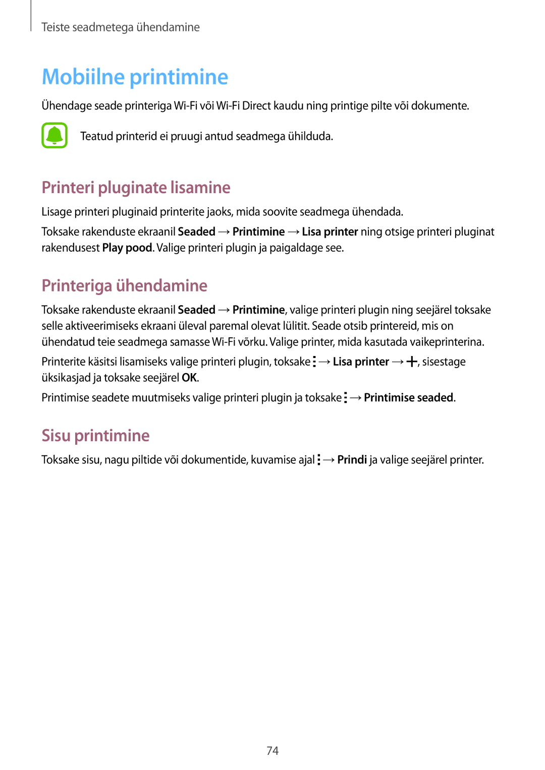 Samsung SM-G388FDSASEB manual Mobiilne printimine, Printeri pluginate lisamine, Printeriga ühendamine, Sisu printimine 