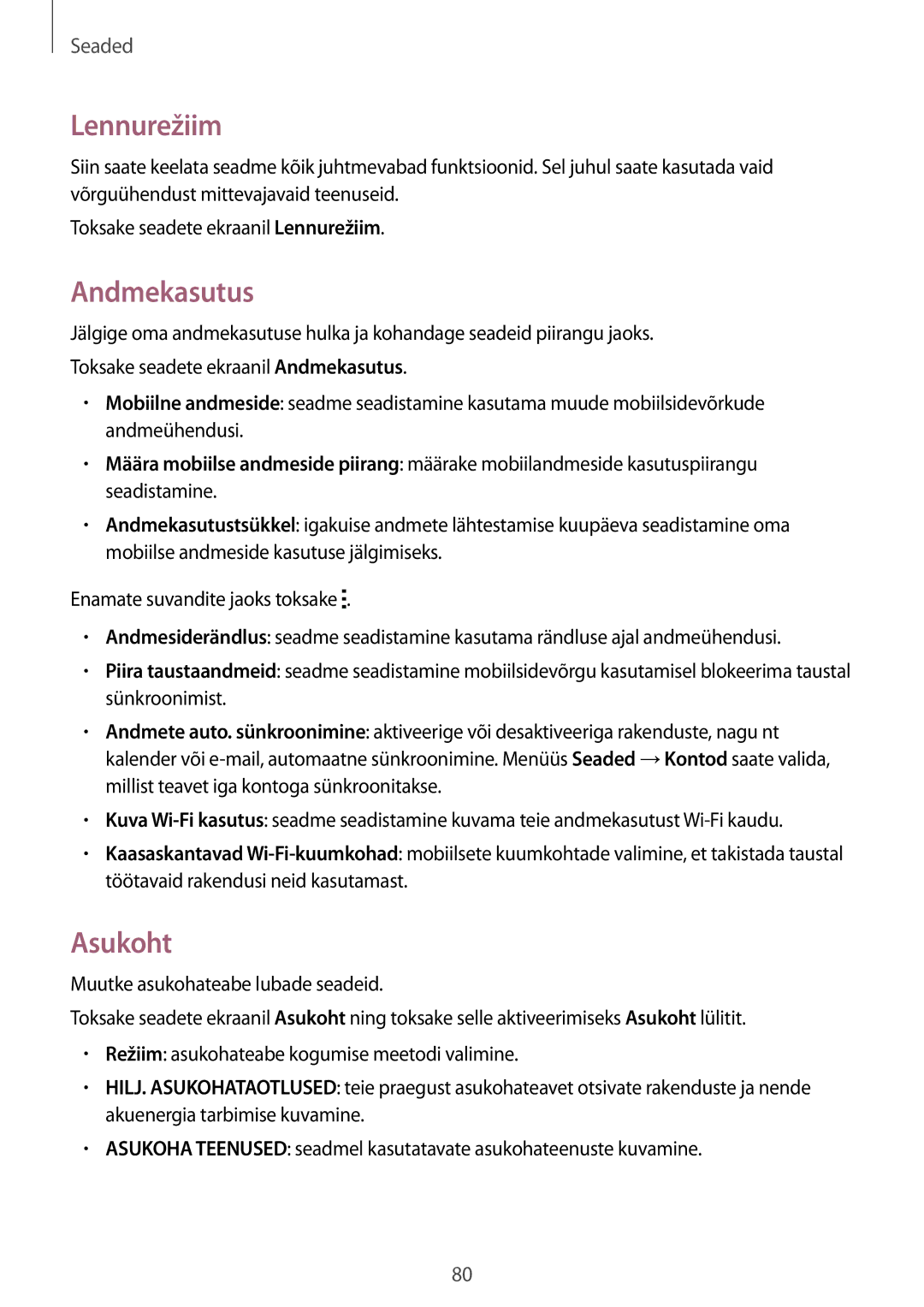 Samsung SM-G388FDSASEB manual Lennurežiim, Andmekasutus, Asukoht 