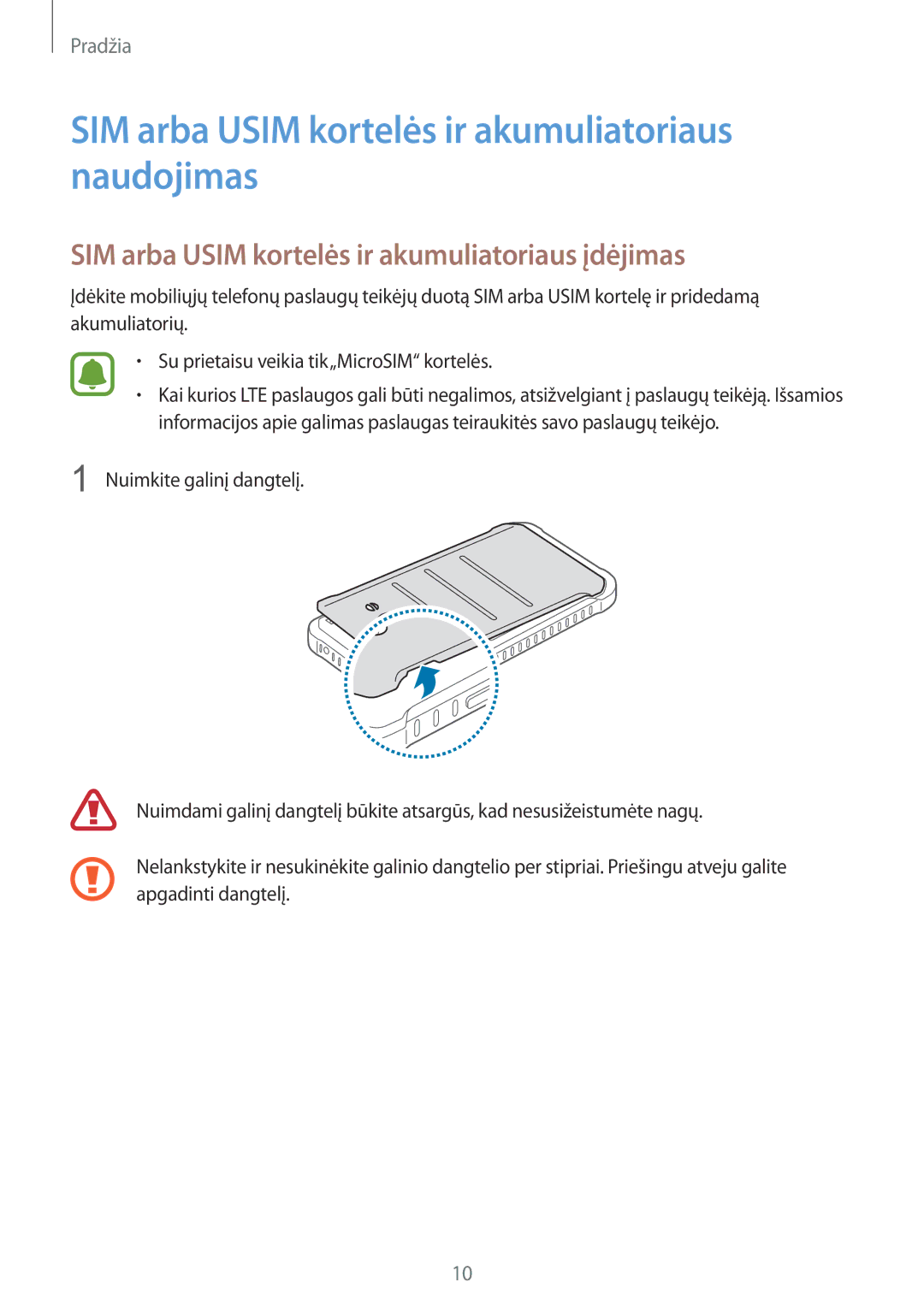 Samsung SM-G388FDSASEB manual SIM arba Usim kortelės ir akumuliatoriaus naudojimas 