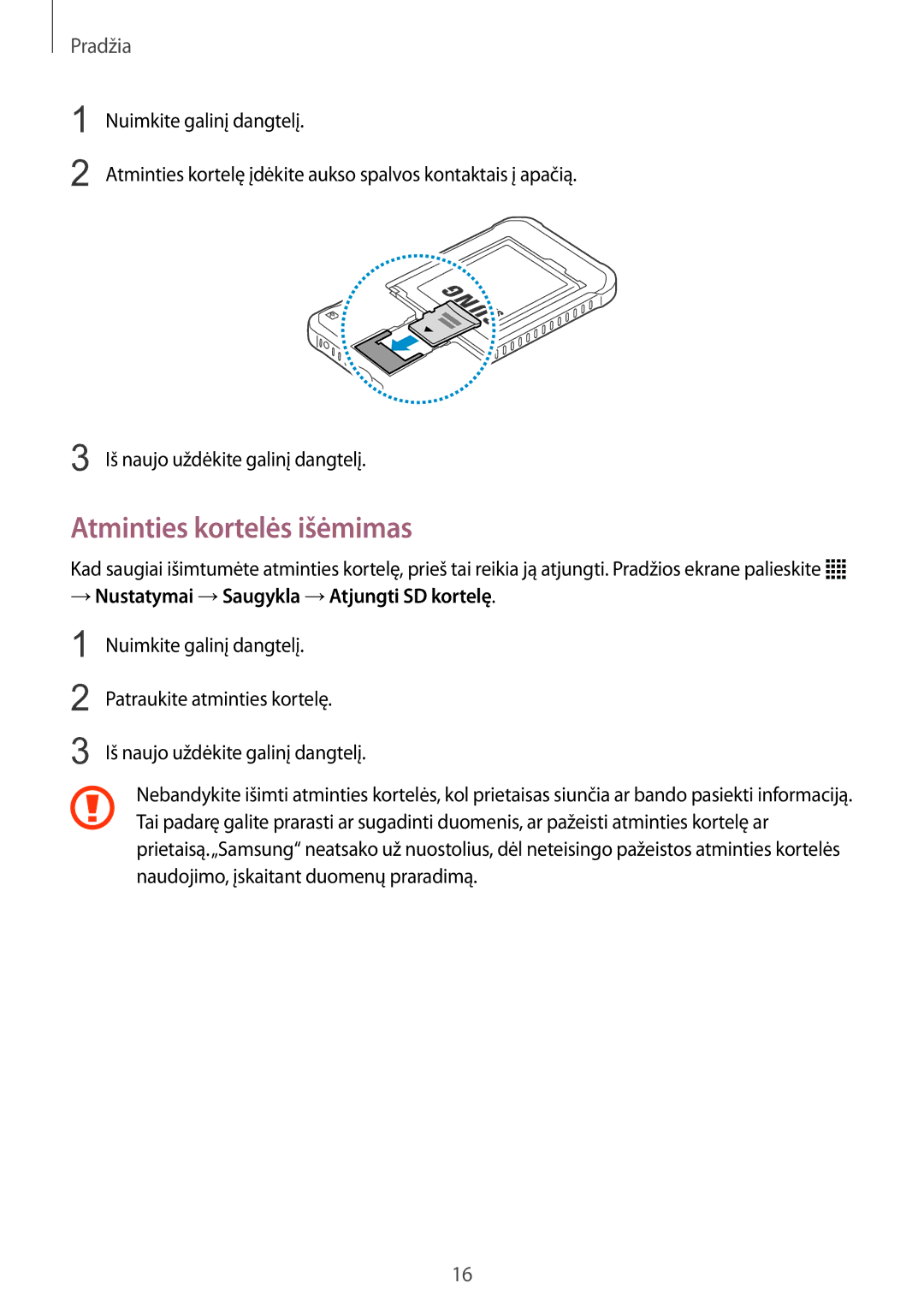 Samsung SM-G388FDSASEB manual Atminties kortelės išėmimas, → Nustatymai →Saugykla →Atjungti SD kortelę 